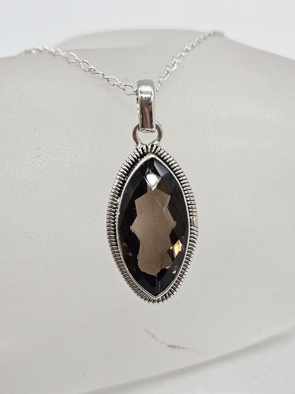 Sterling Silver Smokey Quartz Marquis Shape Pendant with Twist Rim on Silver Chain