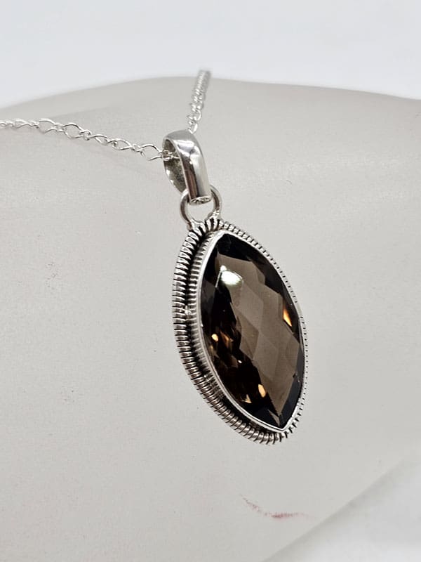 Sterling Silver Smokey Quartz Marquis Shape Pendant with Twist Rim on Silver Chain