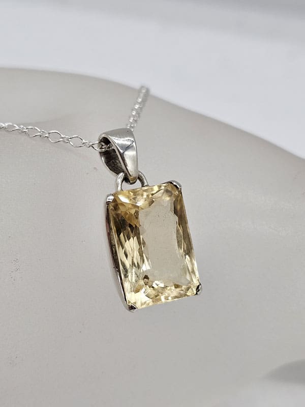 Sterling Silver Citrine Rectangular Claw Set Pendant on Silver Chain