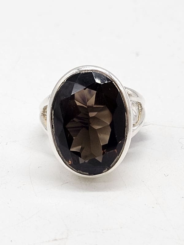 Sterling Silver Smokey Quartz Large Oval Bezel Set Ring