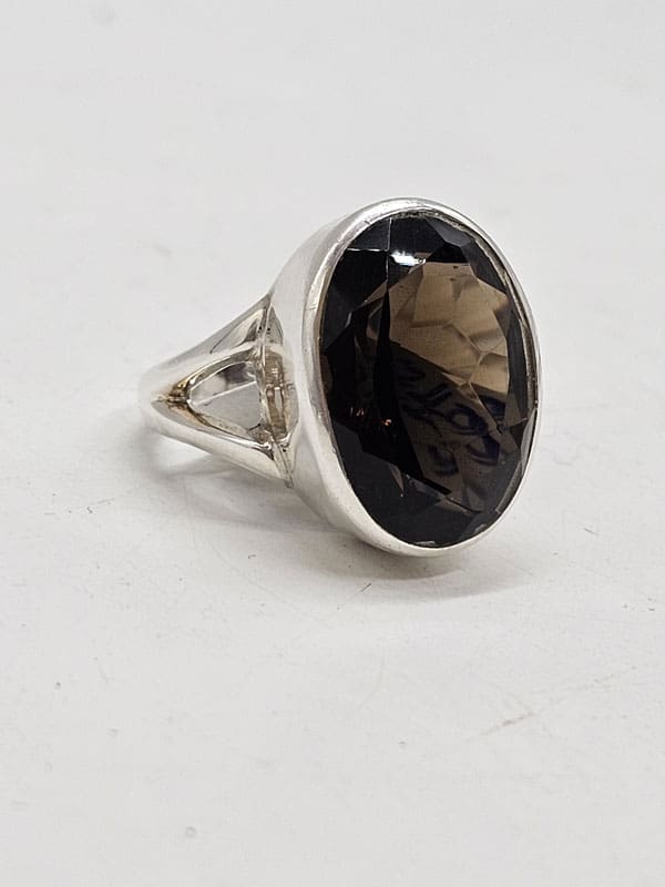 Sterling Silver Smokey Quartz Large Oval Bezel Set Ring