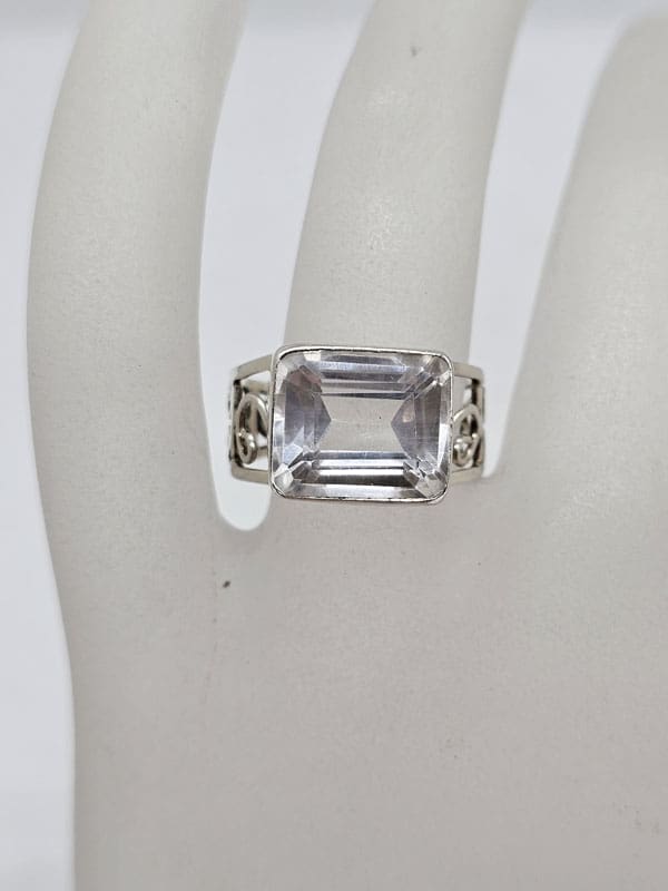 Sterling Silver Rectangular Clear Crystal Quartz Ring - Claw Set