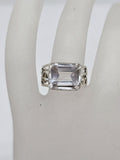 Sterling Silver Rectangular Clear Crystal Quartz Ring - Claw Set