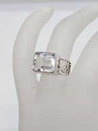 Sterling Silver Rectangular Clear Crystal Quartz Ring - Claw Set