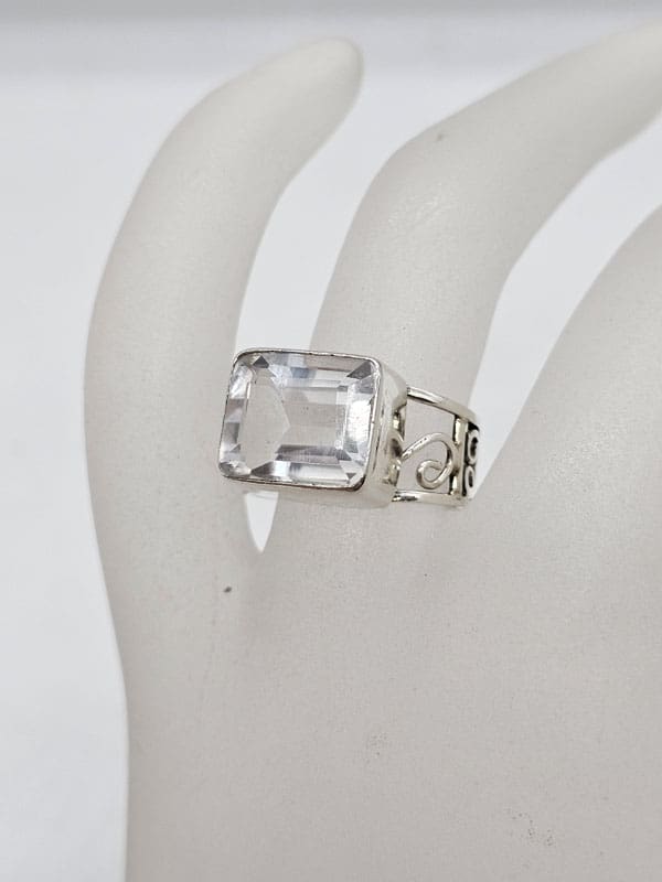 Sterling Silver Rectangular Clear Crystal Quartz Ring - Claw Set