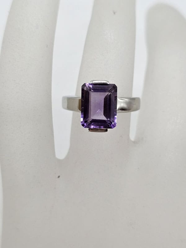 Sterling Silver Rectangular Amethyst Ring - Claw Set