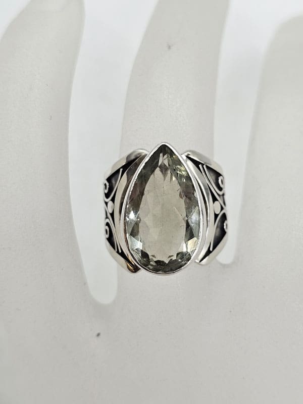 Sterling Silver Green Amethyst / Prasiolite Ornate Large Teardrop / Pear Shaped Ring