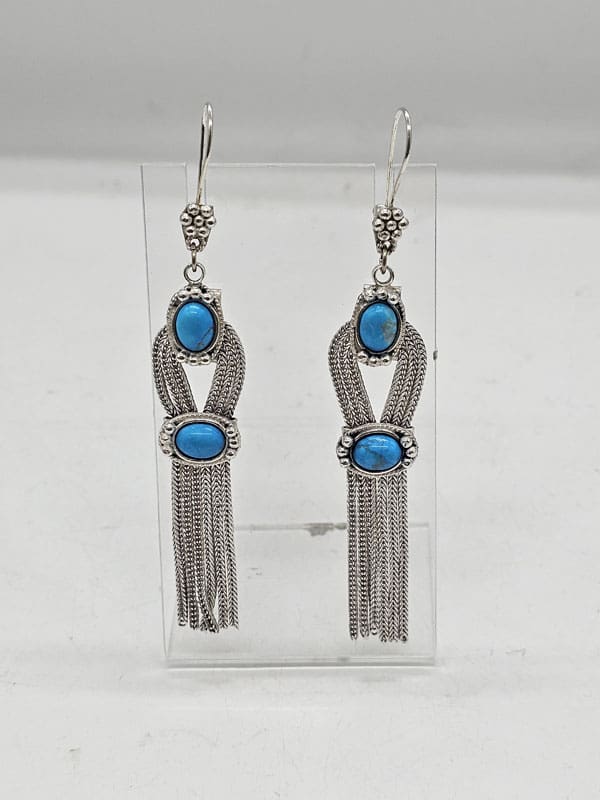 Sterling Silver Long Turquoise Tassell Drop Earrings - Vintage