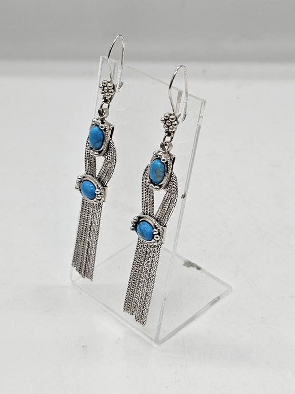 Sterling Silver Long Turquoise Tassell Drop Earrings - Vintage
