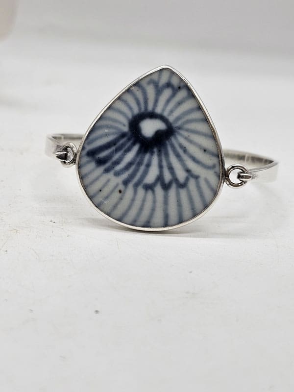 Sterling Silver Blue and White Ceramic Large Teardrop Shape Bangle - Vintage