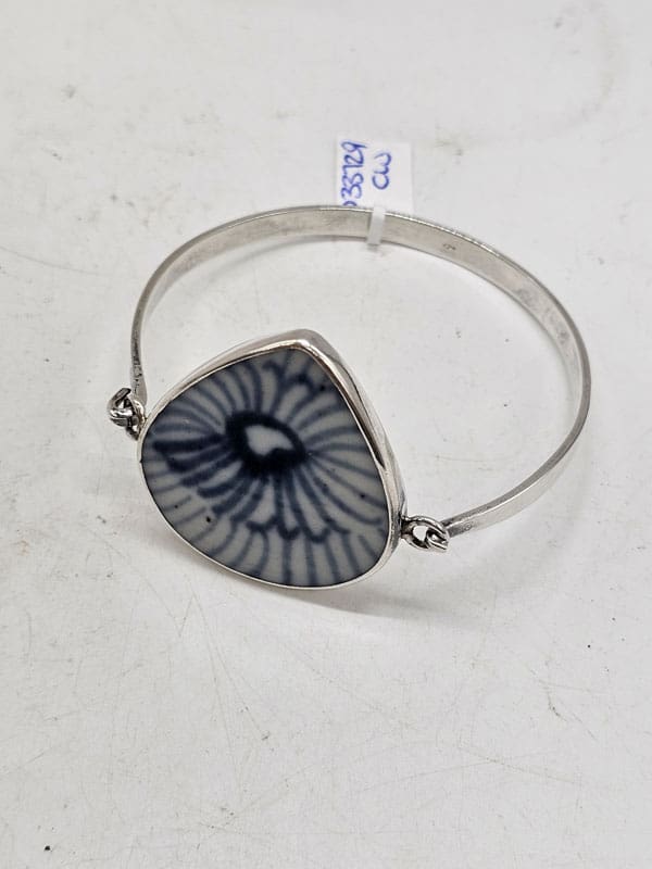 Sterling Silver Blue and White Ceramic Large Teardrop Shape Bangle - Vintage