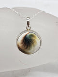 Sterling Silver Round Cats Eye Shell Pendant on Silver Chain - Vintage