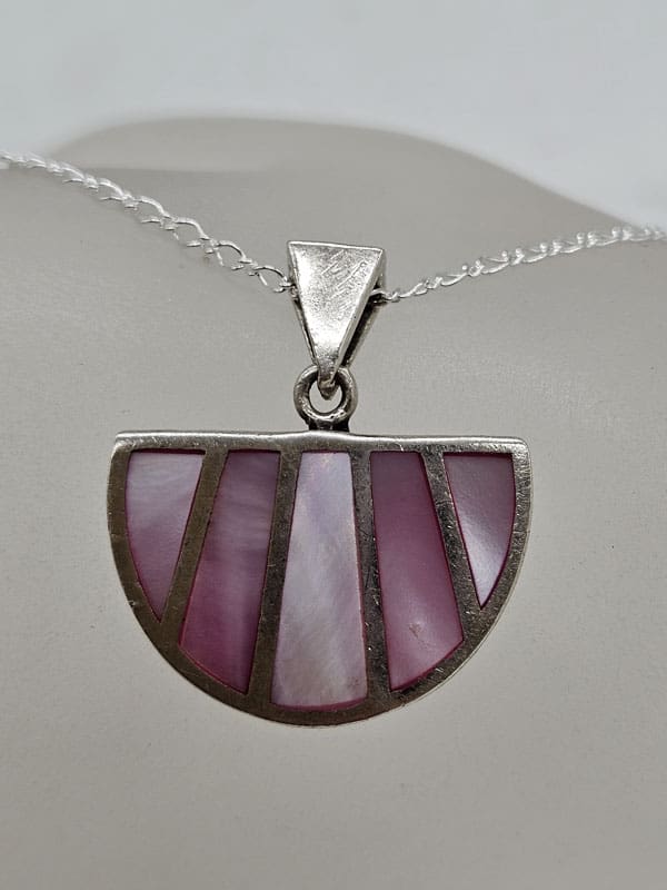 Sterling Silver Mother of Pearl Pink and White Half Round Pendant on Silver Chain
