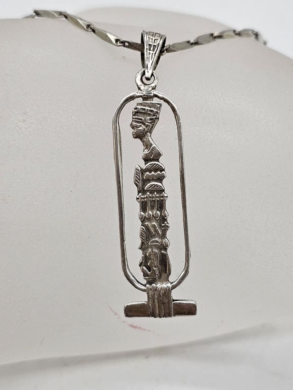 Sterling Silver Egyptian Hieroglyphics Elongated Pendant on Silver Chain - Vintage