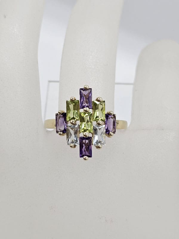 9ct Yellow Gold Amethyst, Peridot and Topaz Marquis Shape Cluster Multi-Coloured Gemstone Ring