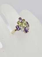 9ct Yellow Gold Amethyst, Peridot and Topaz Marquis Shape Cluster Multi-Coloured Gemstone Ring