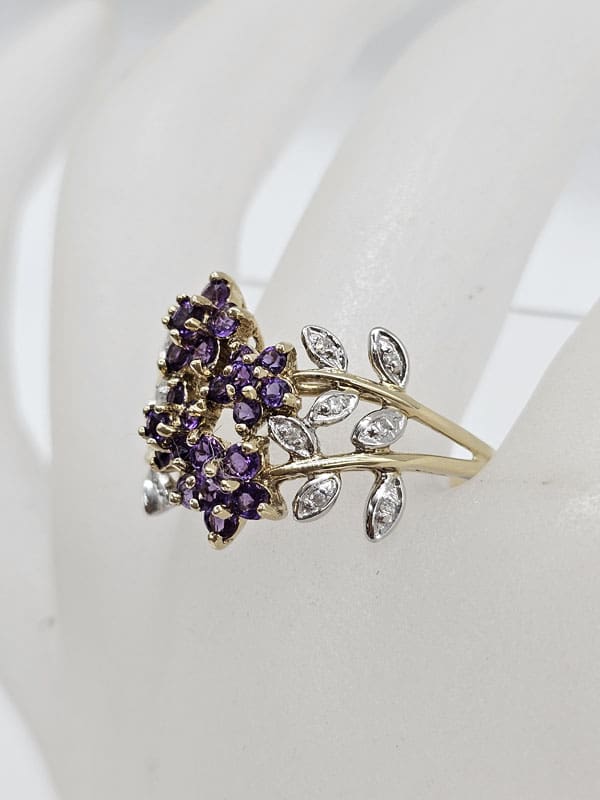 9ct Yellow Gold Amethyst and Diamond Wide Floral Design Ring