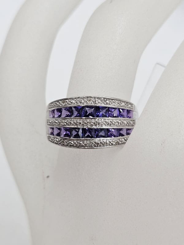 9ct White Gold Wide Channel Set Purple and Diamond Band Ring