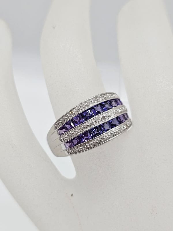9ct White Gold Wide Channel Set Purple and Diamond Band Ring