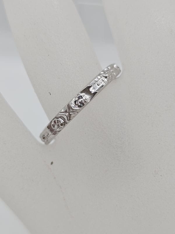 18ct White Gold Ornate Patterned Wedding Band Ring - Antique / Vintage
