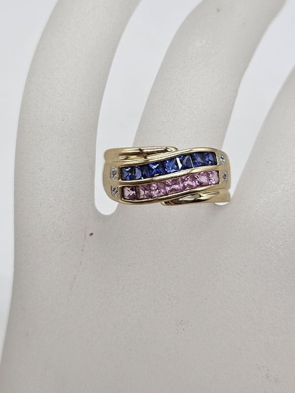 9ct Yellow Gold Created Blue and Pink with Diamond Wide Band Ring