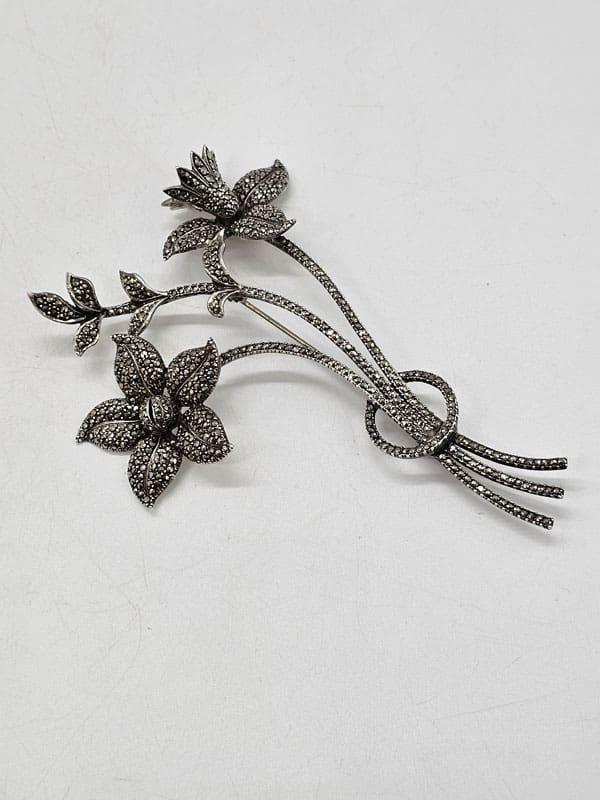 Sterling Silver Marcasite Large and Long Floral Spray Brooch - Antique / Vintage