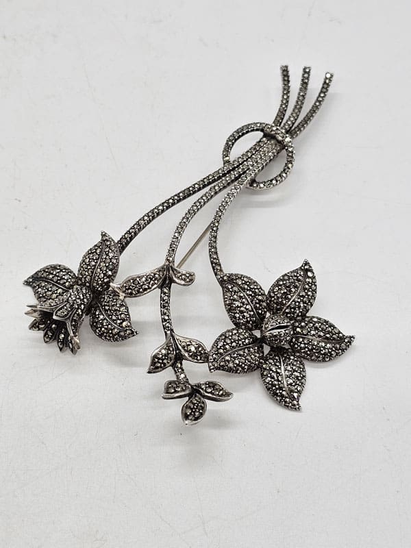 Sterling Silver Marcasite Large and Long Floral Spray Brooch - Antique / Vintage