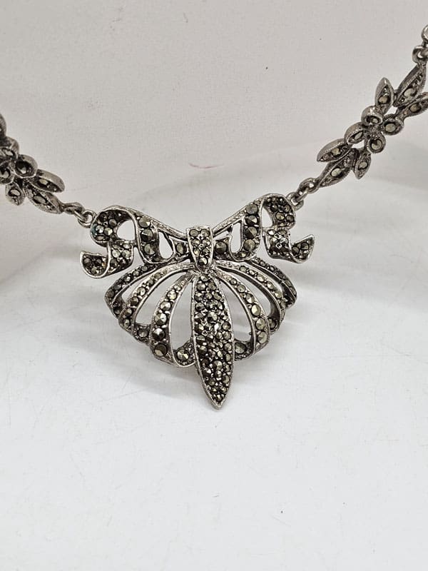 Sterling Silver Marcasite Ornate Curved Collier Necklace - Antique / Vintage