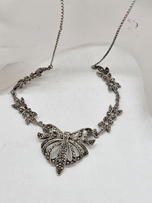 Sterling Silver Marcasite Ornate Curved Collier Necklace - Antique / Vintage