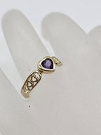 9ct Yellow Gold Amethyst Ornate Filigree Heart Shaped Ring