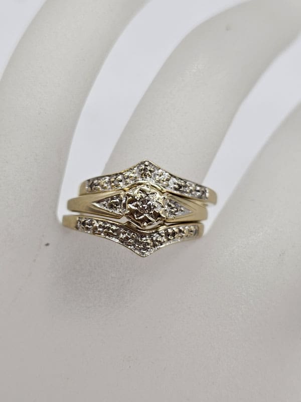 9ct Yellow Gold Diamond Engagement Ring, Wedding Ring and Eternity Ring Three Ring Set