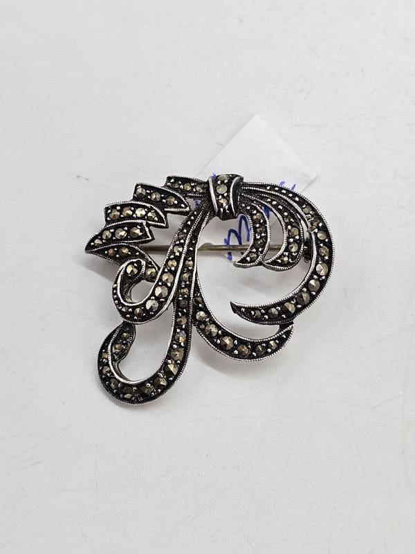 Sterling Silver Marcasite Curved Spray Brooch - Antique / Vintage