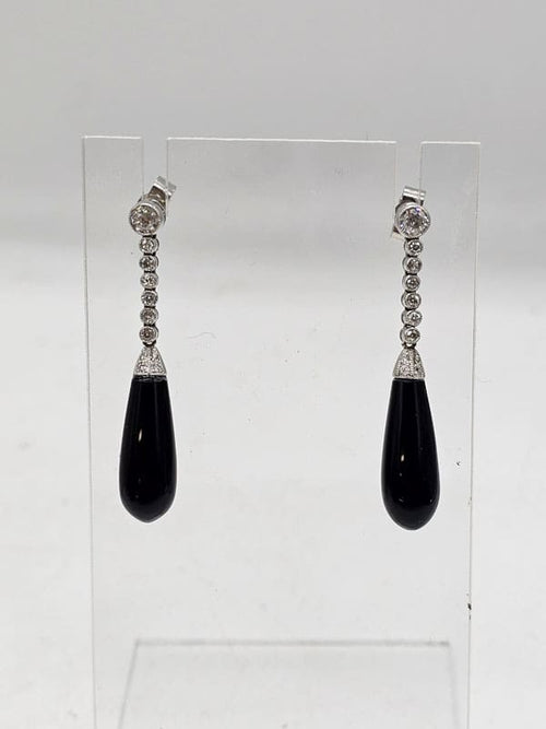 18ct White Gold Black Onyx and Diamond Long Drop Earrings