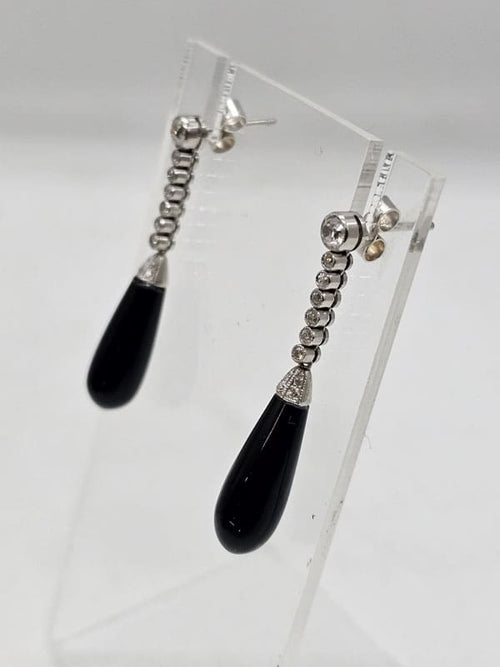 18ct White Gold Black Onyx and Diamond Long Drop Earrings