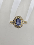 18ct Yellow Gold Natural Sapphire Surrounded by Diamond Oval Cluster Ring