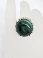 14ct White Gold Very Large Round Malachite with Ornate Twist Rim Ring - Antique / Vintage