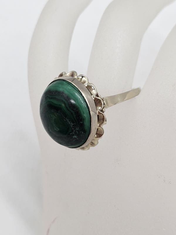 14ct White Gold Very Large Round Malachite with Ornate Twist Rim Ring - Antique / Vintage