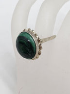14ct White Gold Very Large Round Malachite with Ornate Twist Rim Ring - Antique / Vintage