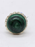 14ct White Gold Very Large Round Malachite with Ornate Twist Rim Ring - Antique / Vintage