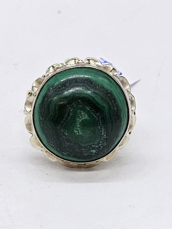 14ct White Gold Very Large Round Malachite with Ornate Twist Rim Ring - Antique / Vintage