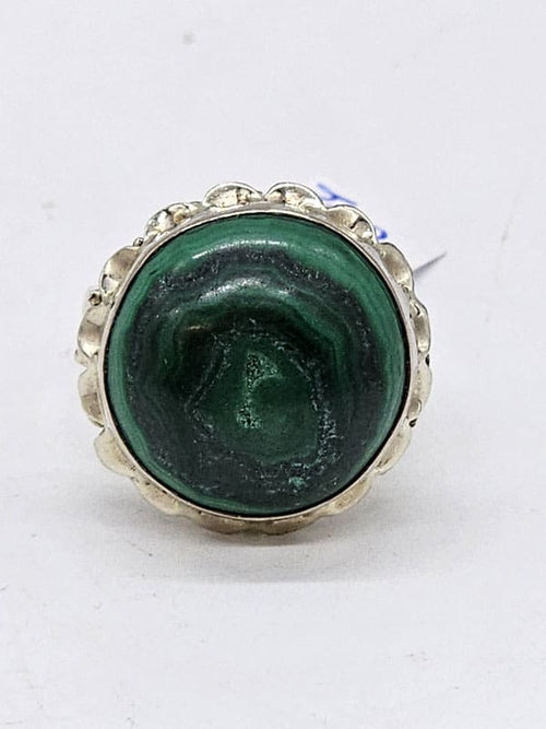 14ct White Gold Very Large Round Malachite with Ornate Twist Rim Ring - Antique / Vintage