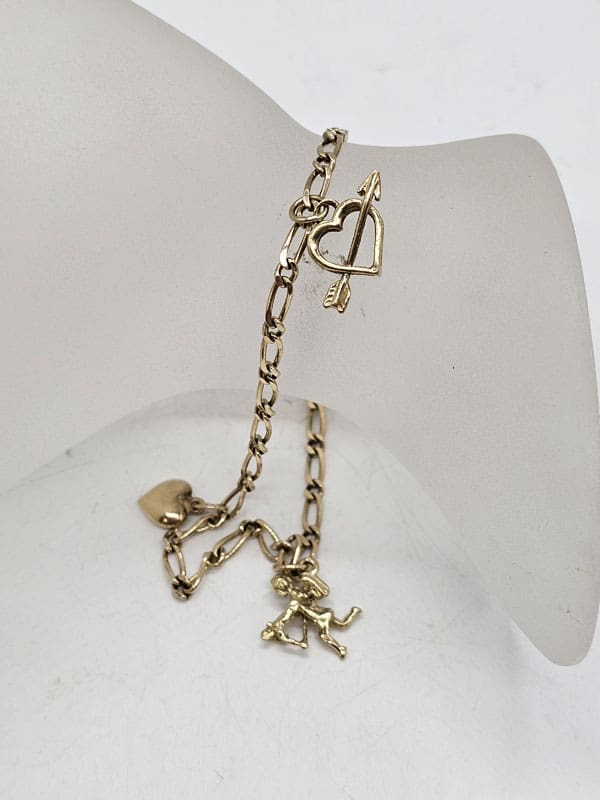 9ct Yellow Gold Three Charm Bracelet - Vintage