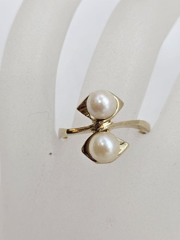 18ct Yellow Gold Cultured Pearl Elongated Ring - Vintage / Antique