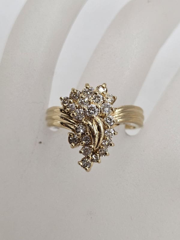 18ct Yellow Gold Diamond Unusual Curved Shape Large Clusters Ring - Antique / Vintage