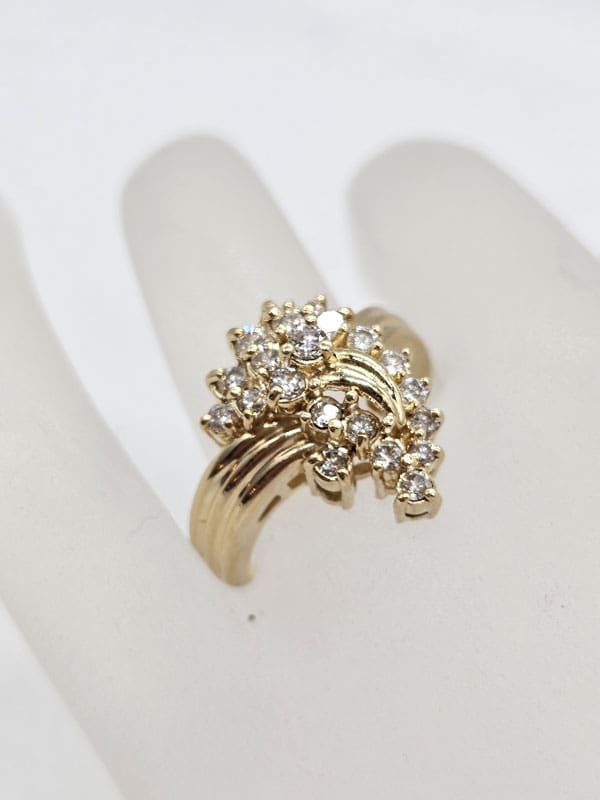 18ct Yellow Gold Diamond Unusual Curved Shape Large Clusters Ring - Antique / Vintage