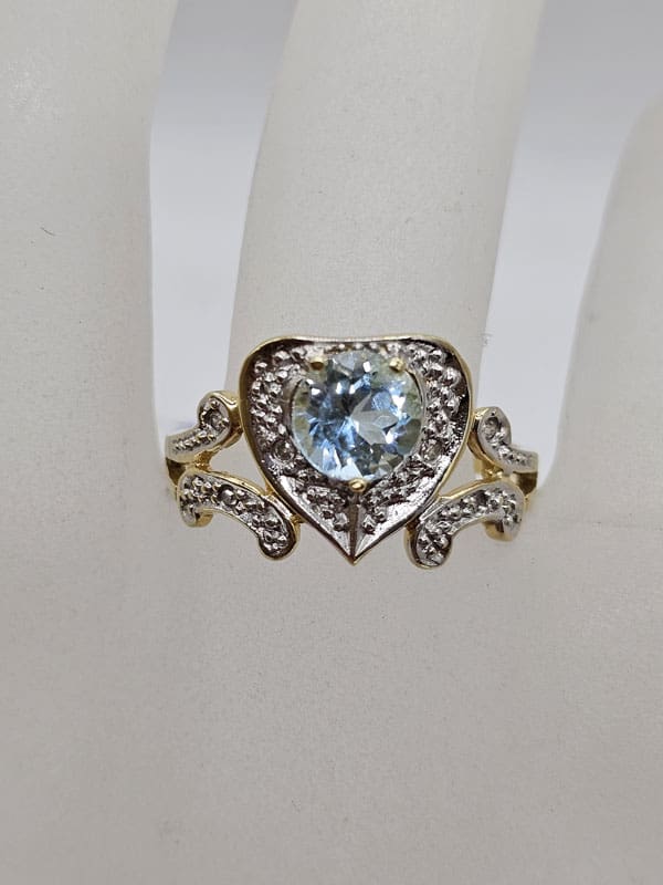 9ct Yellow Gold Topaz with Diamond Heart Shaped Ornate Ring - Antique / Vintage