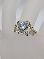 9ct Yellow Gold Topaz with Diamond Heart Shaped Ornate Ring - Antique / Vintage