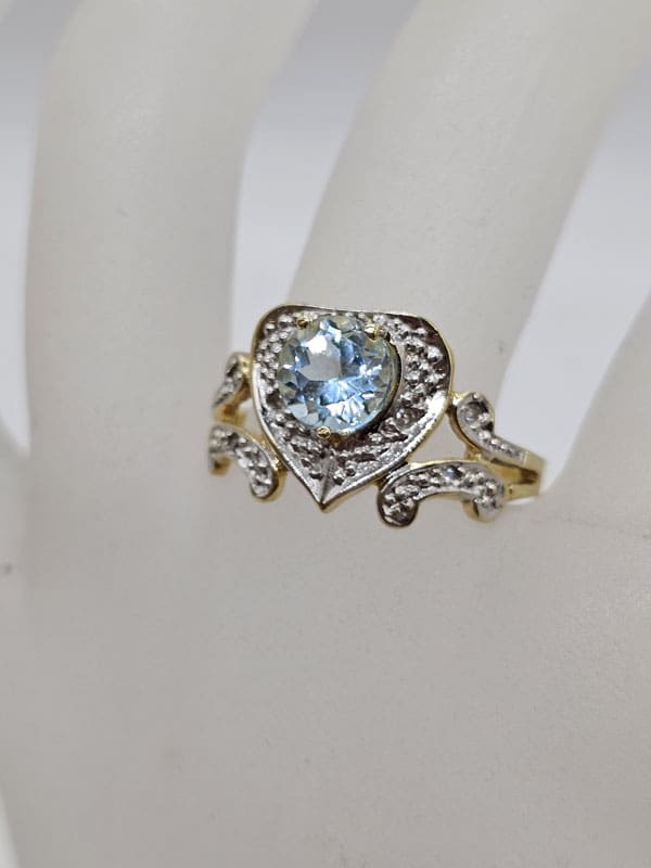 9ct Yellow Gold Topaz with Diamond Heart Shaped Ornate Ring - Antique / Vintage