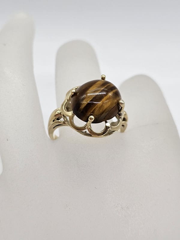 14ct Yellow Gold Large Oval Tiger Eye Ornate Ring - Antique / Vintage