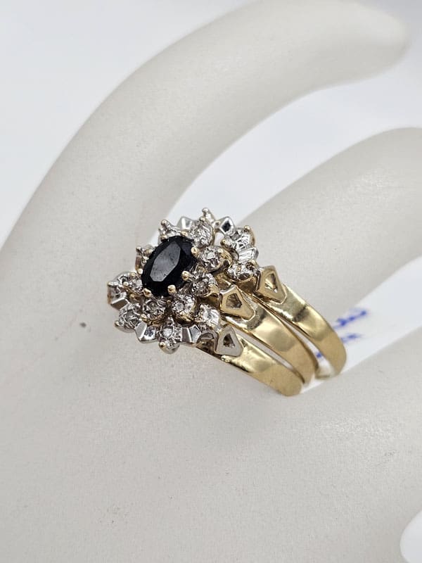 9ct Yellow Gold Sapphire and Diamond Oval Engagement Ring, Wedding Ring and Eternity Ring Set - Three Ring Set - Vintage